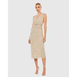 MAC DUGGAL Womens Size 12 Nude SEQUINED SLEEVELESS V-NECK MIDI SHEATH DRESS Flaw